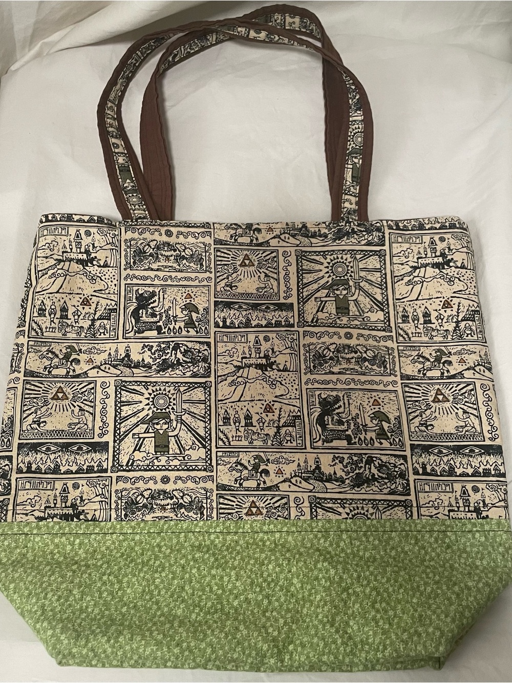 Handmade Zelda Themed Patterned Tote Bag in Beige and Green